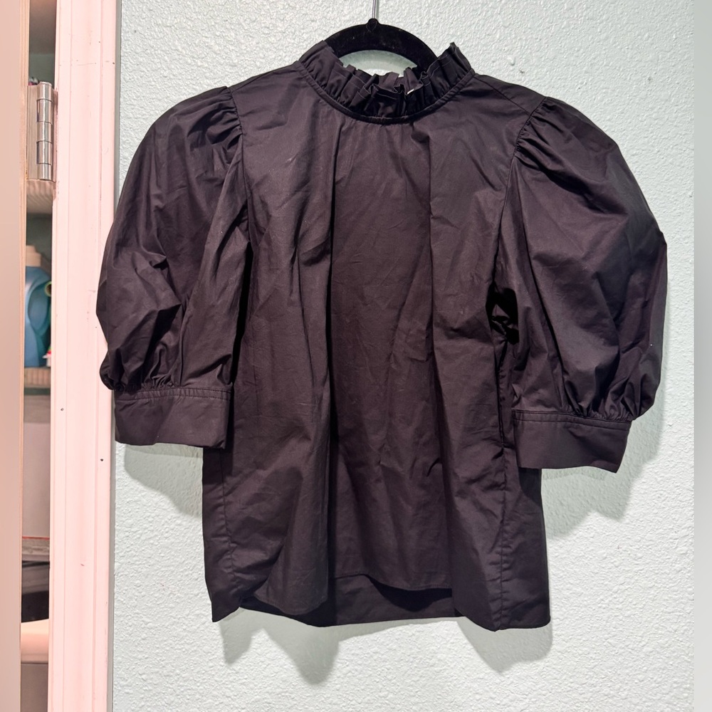 HUNTER BELL Black Puff Sleeve Ruffled Neck Blouse